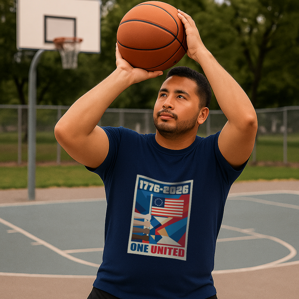 America 250 anniversary apparel on man playing basketball