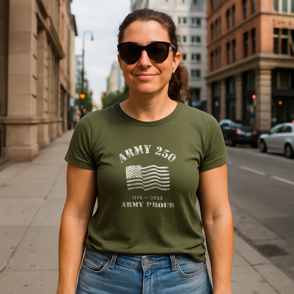 Army 250 anniversary T shirt worn by women in City Street